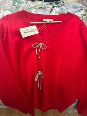 Skies Are Blue Red V-Neck Tie-Front Cardigan